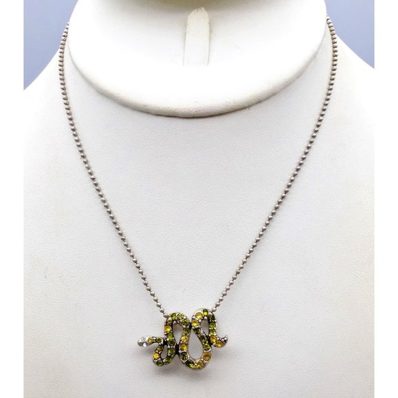 Vintage Pave Crystal Coiled Snake Pendant Necklace, Yellow and Green on Silver T - Picture 3 of 5